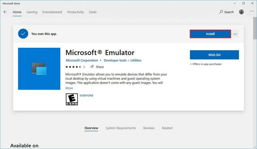 Cài đặt Microsoft Emulator
