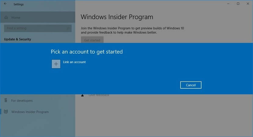 Chọn một tài khoản để bắt đầu Windows Insider