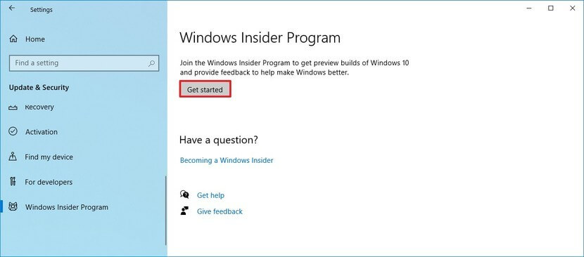 Tùy chọn Get Started của Windows Insider