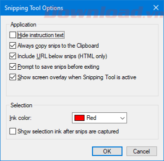 Mục Options trên Snipping Tool