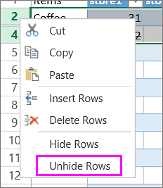 Bỏ ẩn hàng trong Excel
