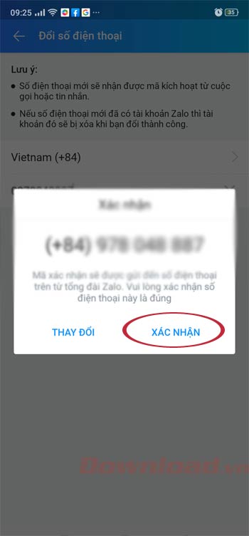 Xác nhận đổi số điện thoại