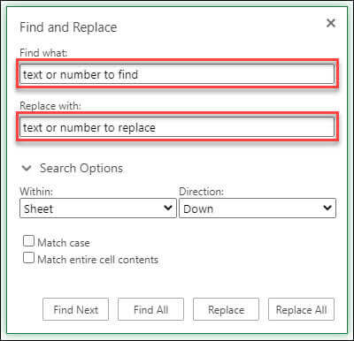 Tìm và thay thế dữ liệu trong Excel Online
