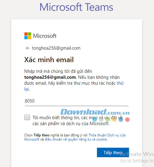 Mở email và lấy mã xác minh, nhập mã