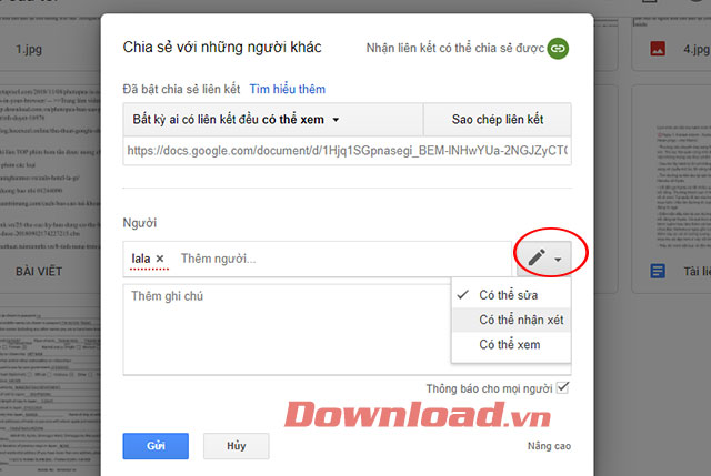 Chế độ chia sẻ trên Google Drive