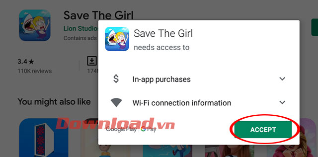 Đồng ý cài đặt game Save The Girl