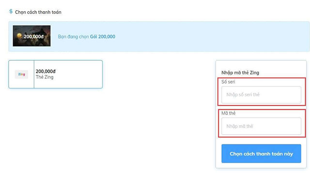 Thanh toán theo phương thức Zing Card