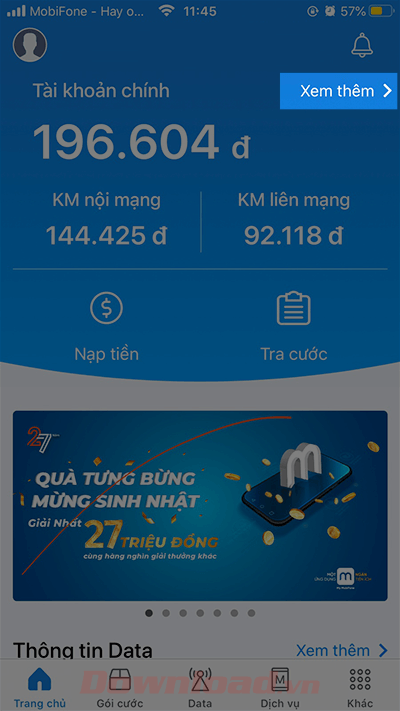 Xem thông tin tài khoản Mobifone