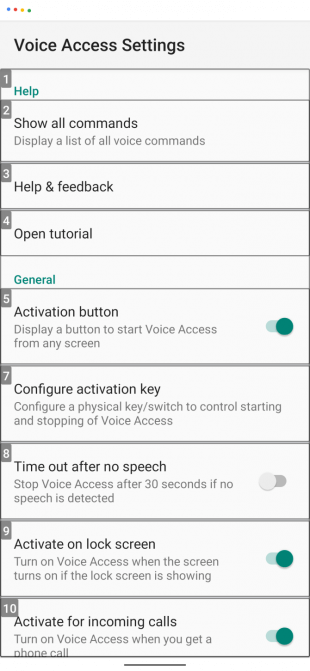 Lựa chọn cài đặt trong menu Voice Access