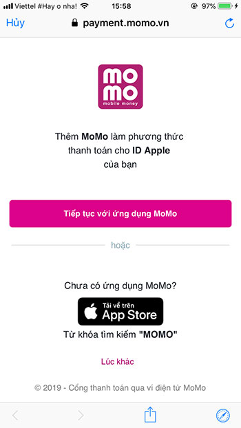 Hoàn tất liên kết MoMo với App Store