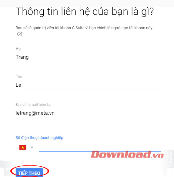 Thông tin liên hệ Google Meet