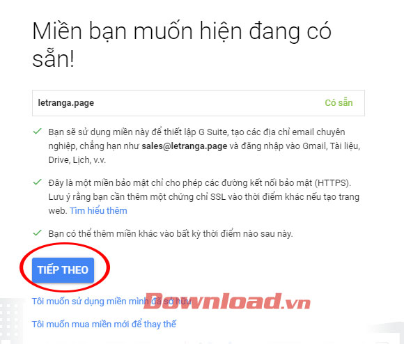 Lựa chọn tên miền G Suite