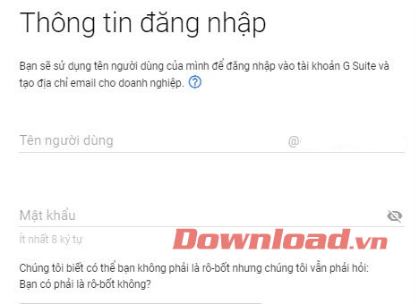 Thông tin đăng nhập G Suite