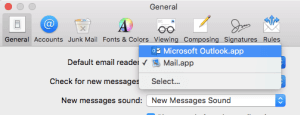 Khởi chạy /Application/Mail.app và đi tới Mail> chọn Preferences” src =”https://o.rada.vn/data/image/2020/05/12/Tron-thu-9.png”></p>
<p>Apple không cho phép chọn tùy chọn này nếu bạn chưa có tài khoản, vì vậy bạn sẽ cần thiết lập một tài khoản email trong Mail, ngay cả khi bạn không sử dụng nó.</p>
<p>Trong trình đọc email mặc định, hãy chọn<strong> Microsoft Outlook.app</strong>.</p>
<p><img class=