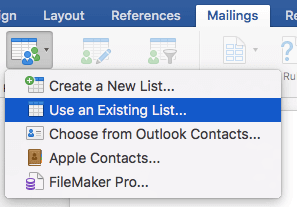 Chọn Sử dụng danh sách hiện có và tìm tệp Excel bạn đã lưu trước đó