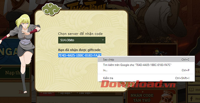 Chọn server và sao chép code cho tân thủ Nhẫn Giả Chi Thuật
