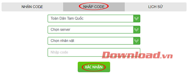 Mở trang nhập mã code của game Toàn Dân Tam Quốc