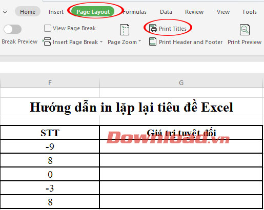 Thiết lập lặp lại tiêu đề trong Excel