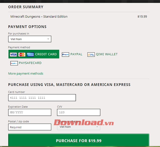 Thông tin thanh toán game Minecraft Dungeon