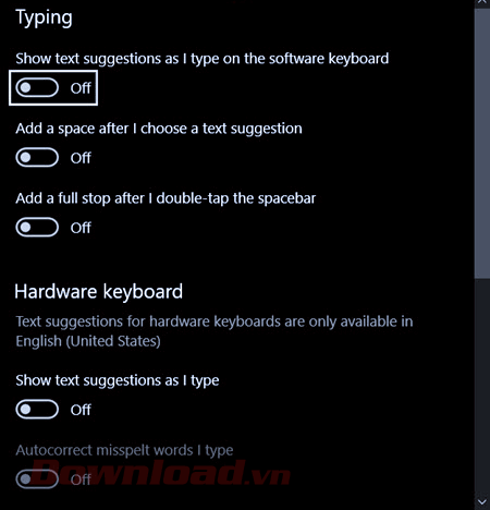Tắt tuỳ chọn Typing trên Windows 10