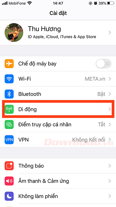 Vào Setting > Di động