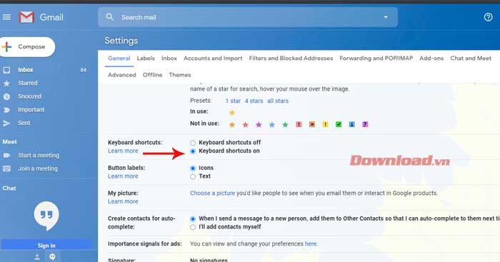 Bật phím tắt trên Gmail