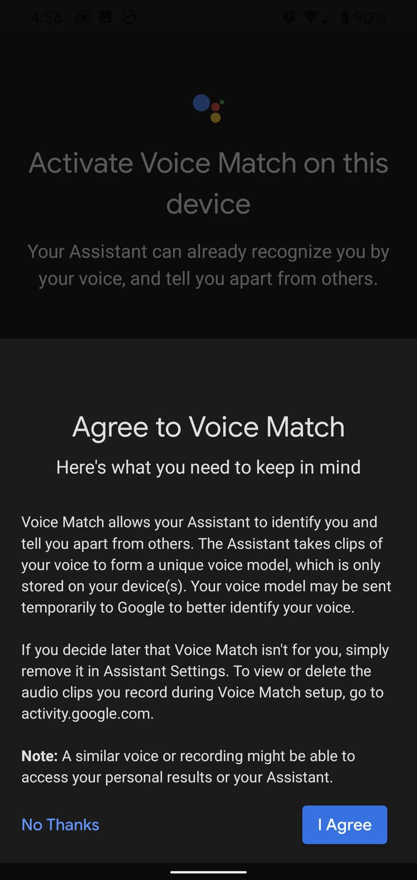 Đồng ý sử dụng Voice Match