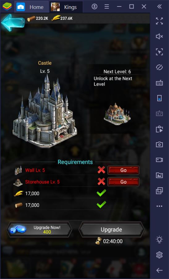Đẩy cấp lâu đài lên càng sớm càng tốt trong Rise of the Kings