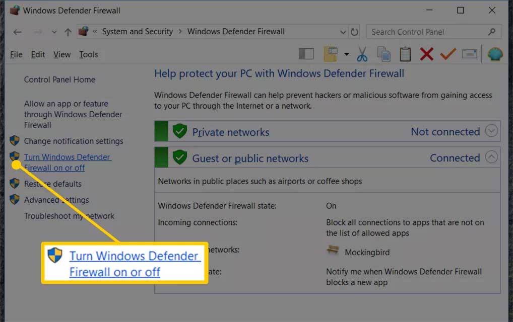 Tùy chọn bật và tắt Windows Firewall