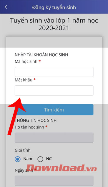 Đăng nhập tài khoản của học sinh