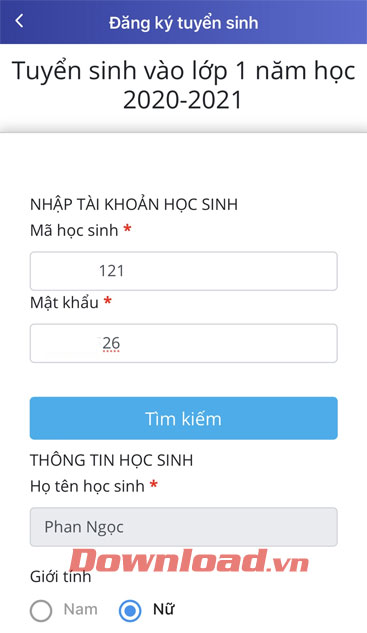 Điền thông tin của học sinh