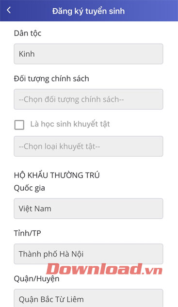 Điền thông tin của học sinh