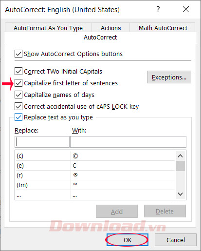 Tích chọn vào mục Capitalize first letter of sentences
