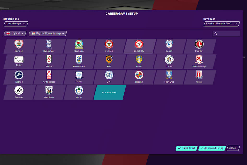 Bảng thiết lập sự nghiệp trong game Football Manager 2020