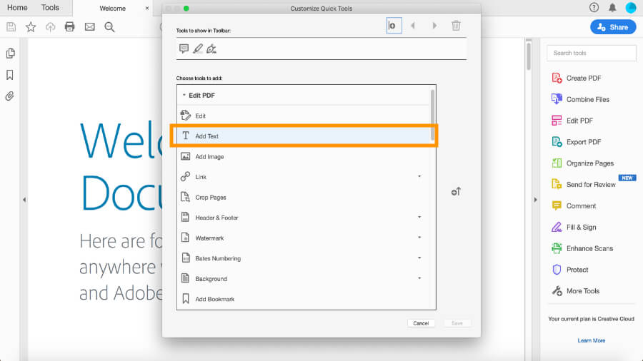 Thêm Add Text vào thanh công cụ trong Adobe Acrobat Pro DC