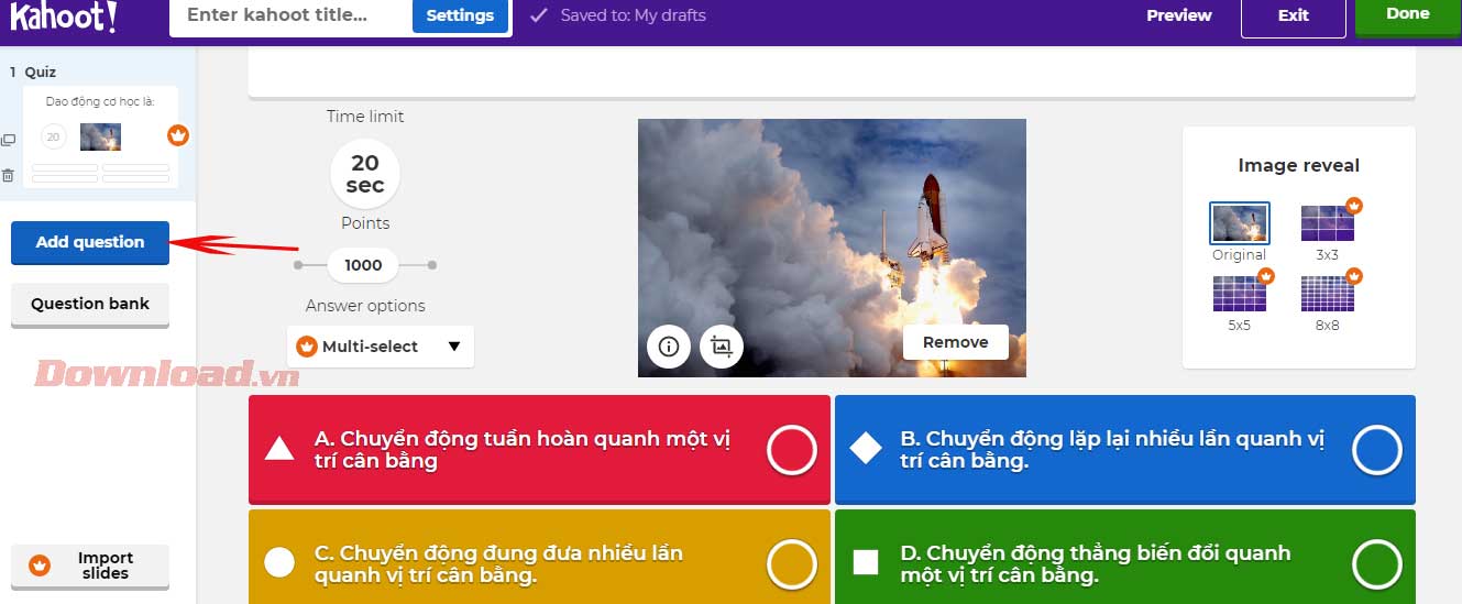 Thêm câu hỏi vào bài kiểm tra trên kahoot