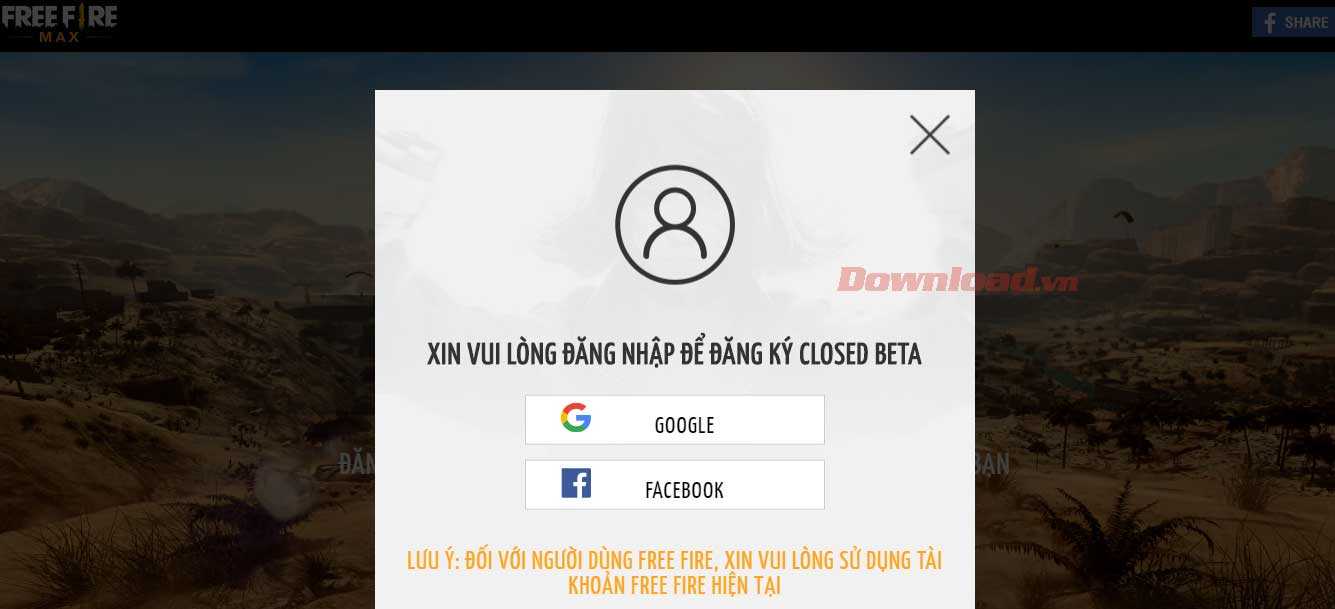 Lựa chọn tài khoản đăng ký Free Fire Max beta