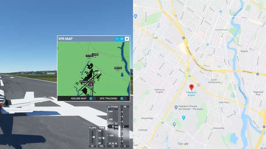 So sánh hai bản đồ thực và trong game Microsoft Flight Simulator
