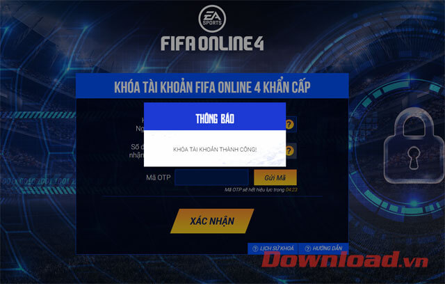 Khóa tài khoản FIFA Online 4 thành công