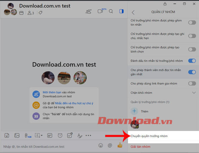 Ấn vào mục Chuyển quyền trưởng nhóm