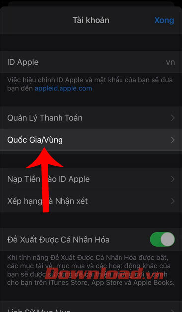 Chạm vào mục Quốc gia/Vùng