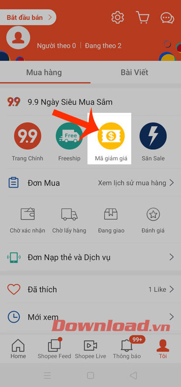 Ấn vào mục Mã giảm giá