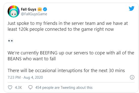 The company admitted that there was a connection error in Fall Guys