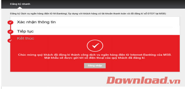 Đăng ký thành công Internet Banking 