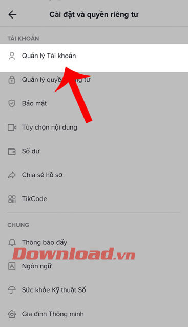 Nhấn vào mục Quản lý tài khoản