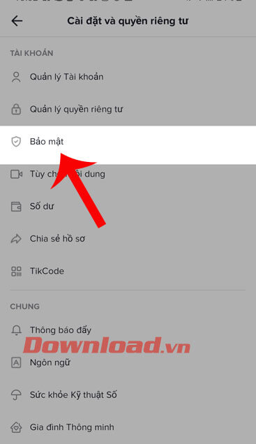 Ấn vào mục Bảo mật