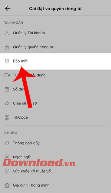 Nhấn vào mục Bảo mật