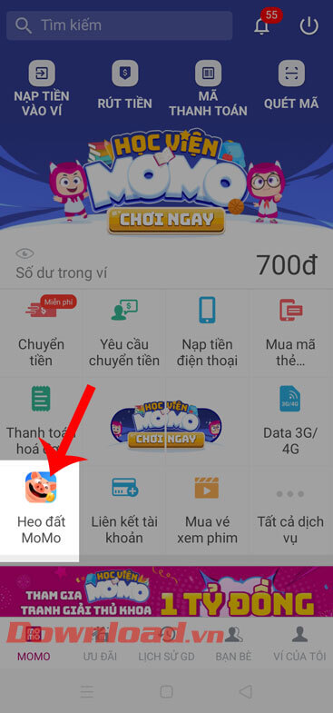 Nhấn vào mục Heo đất MOMO