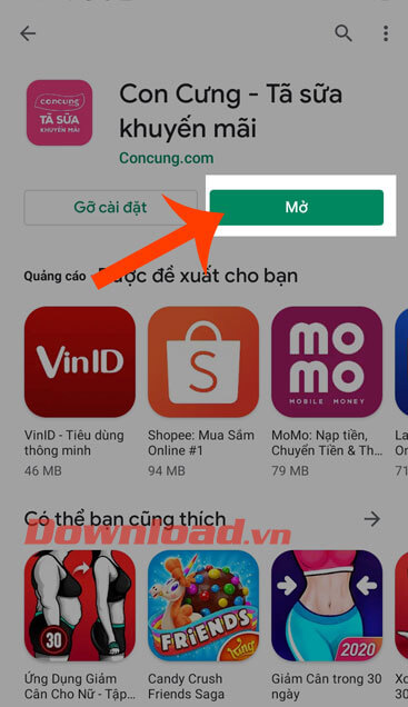 Chạm vào nút Mở