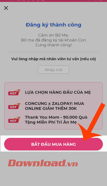 Bấm nút Bắt đầu mua hàng